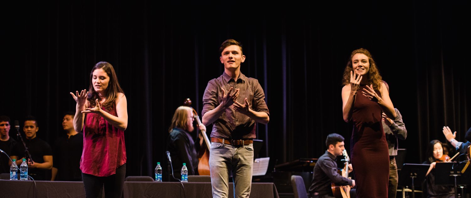 Three cast members from Deaf West Theatre performing a song from Spring Awakening. Photo credit: Stanley Wu